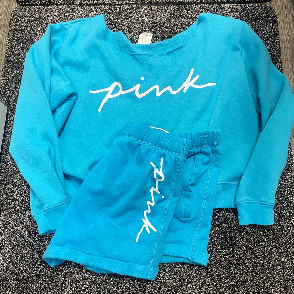 PINK Victoria's Secret Turquoise Blue Sweatshirt & Shorts Set